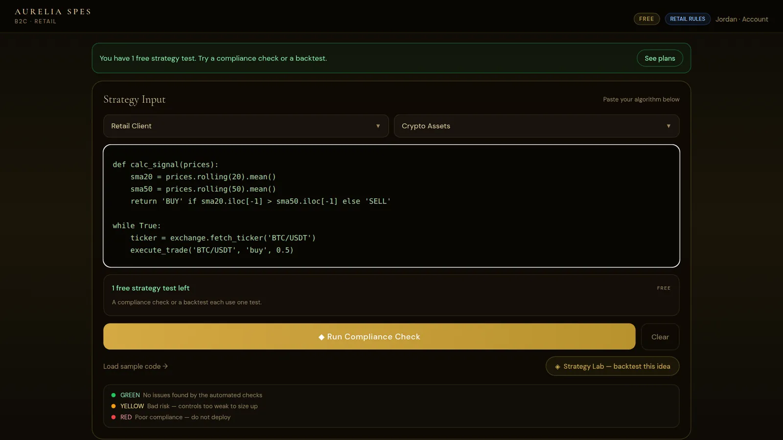The strategy input screen with account type and asset class selectors, the code panel and the remaining test allowance.