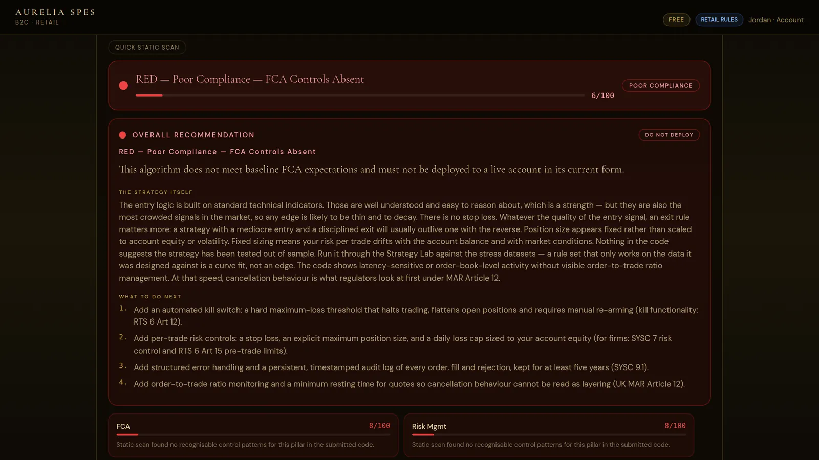 A compliance report with a RED verdict, the overall recommendation and prioritised actions, each naming a rule.